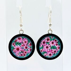 Hand Painted Pink Daisy Earrings, Acrylic Paint on Wood, Floral Art